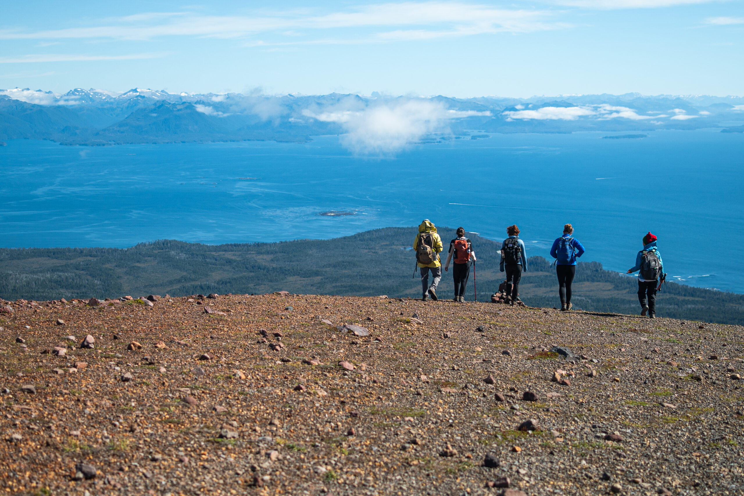 Five hikers stand at the summit of Mt. Edgecumbe.