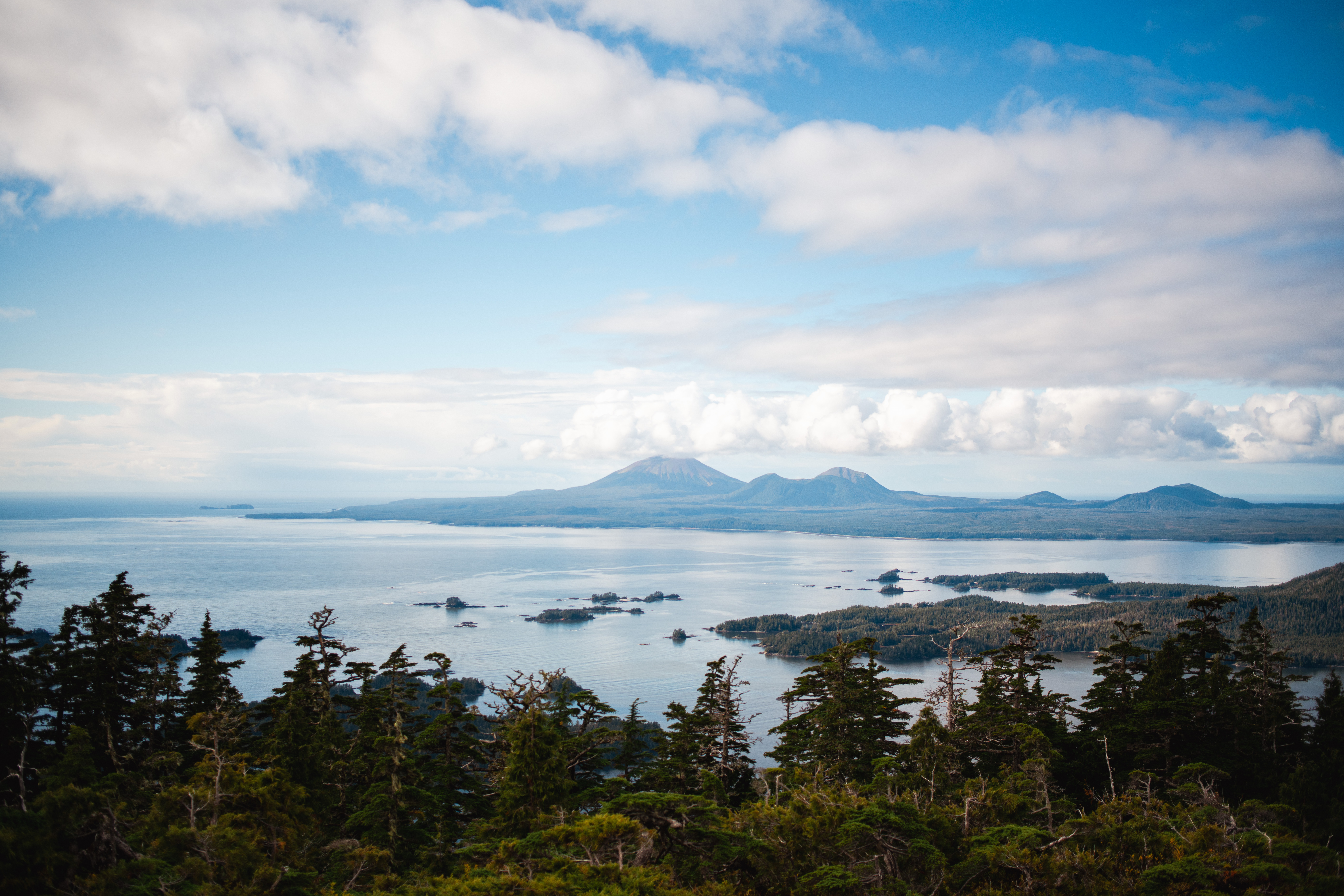View from the summit of Harbor Mountain. Kruzof Island and Mt. Edgecumbe can be seen across the sound.