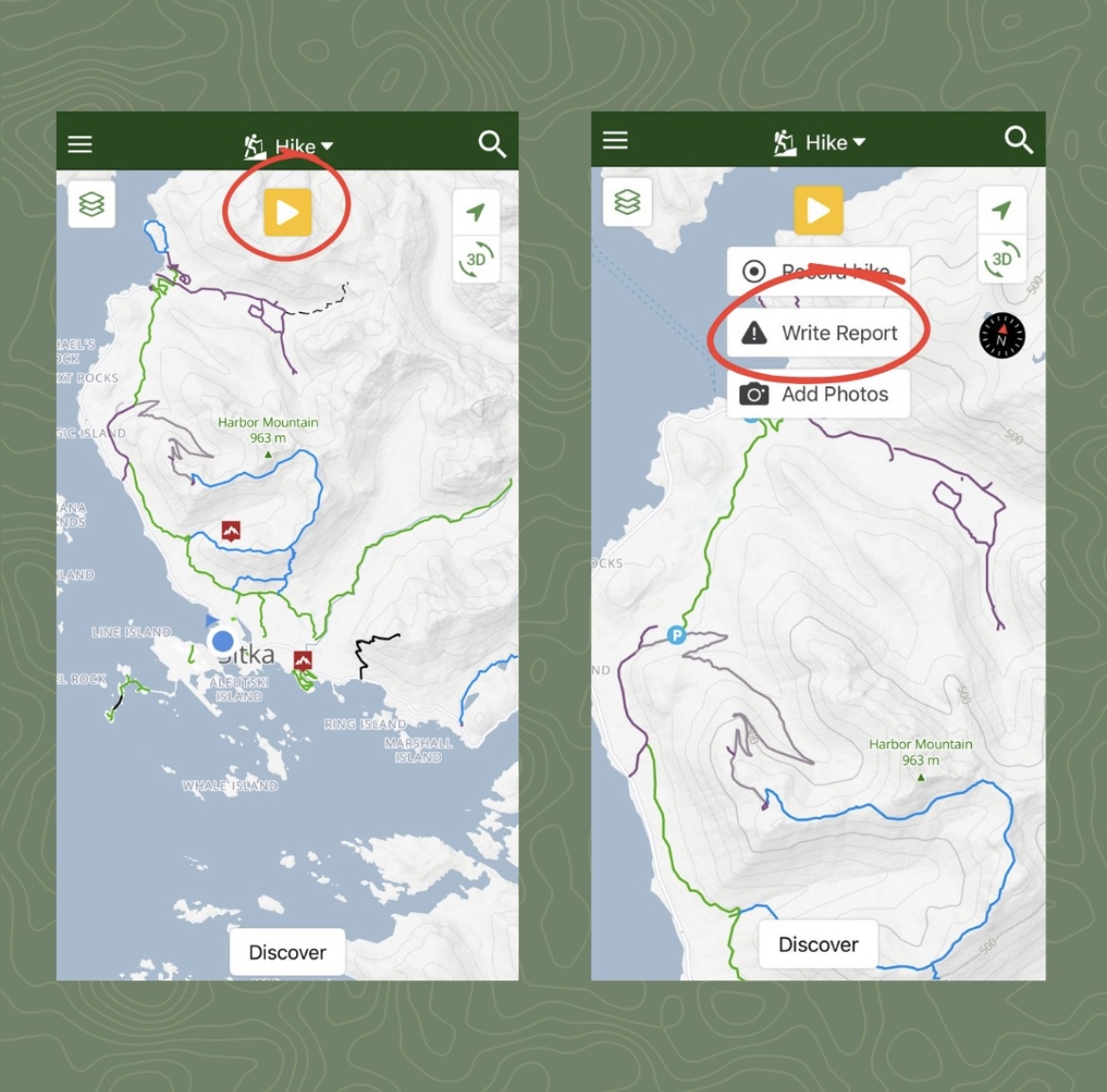 This photo shows the steps to reporting a trail issue "Press the yellow arrow button on the top of your screen" and "Press 'Write Report'" in the Trail Forks app