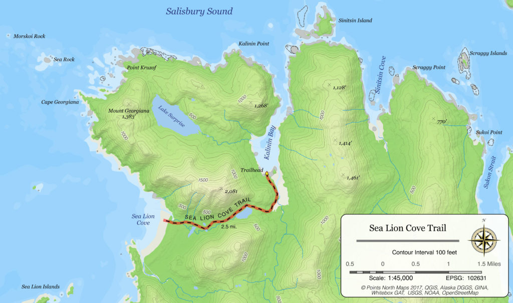 Sea Lion Cove trail map on Kruzof Island.